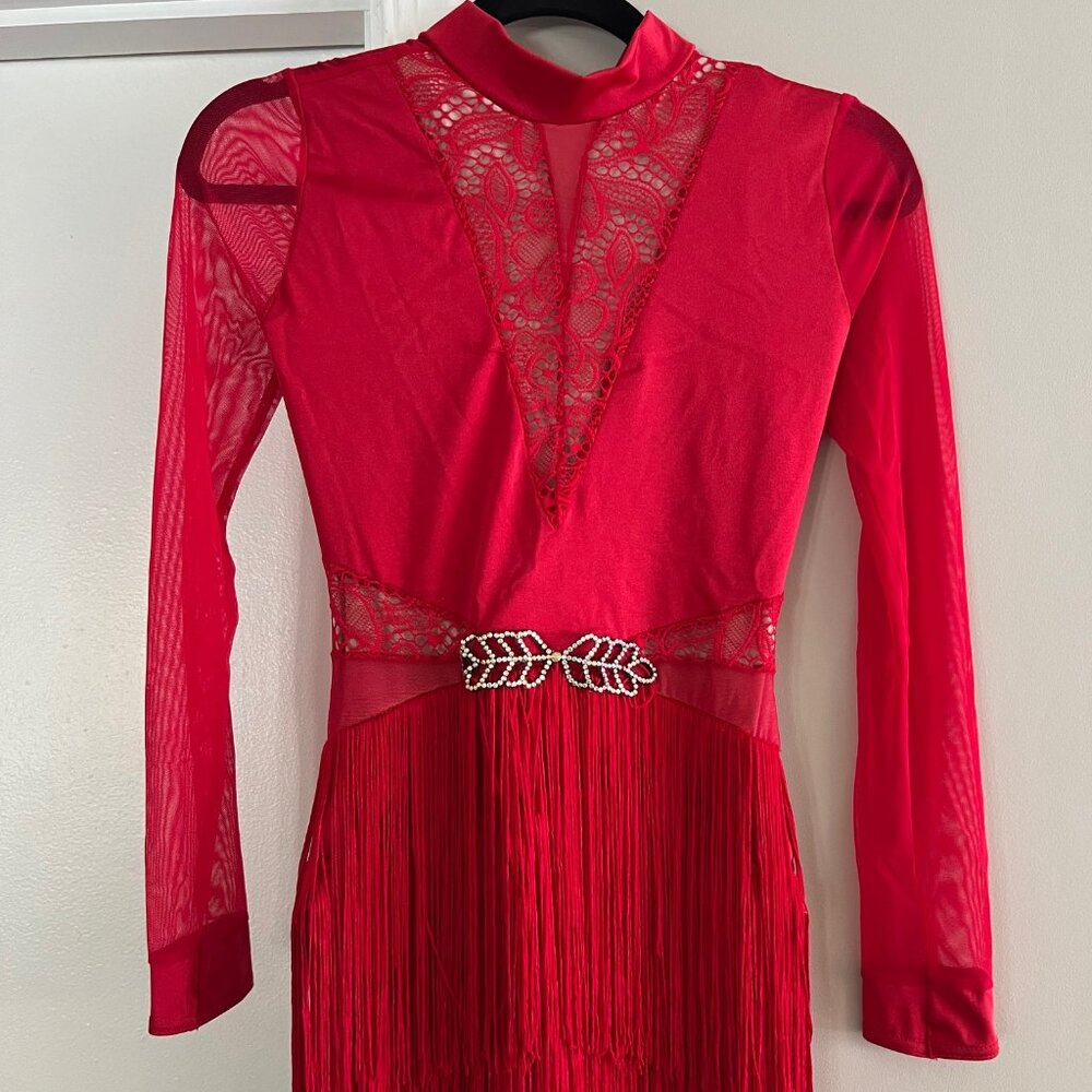 Weissman Red Lyrical Costume Long sleeve Fringe skirt SA